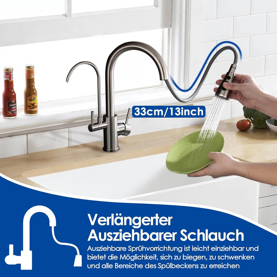 ROVOGO 3 Wege Wasserhahn Küche mit Filter, Hochdruck Küchenarmatur mit Brause Ausziehbar, Doppelhebe