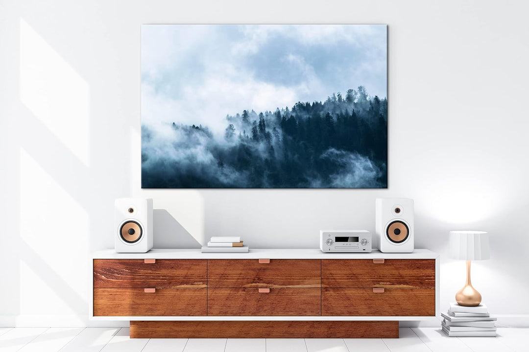 Atemberaubender Nebel im Wald Format: 100x70 als Leinwandbild, Motiv fertig gerahmt auf Echtholzrahm