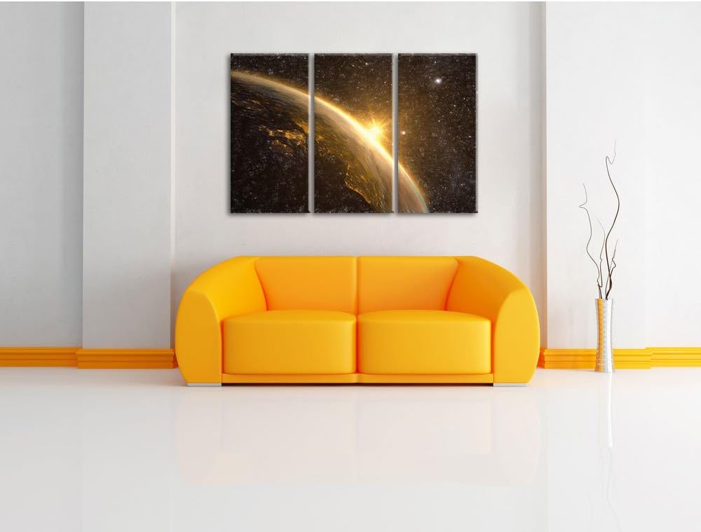 Pixxprint Die Sonne und Erde im Weltall Kunst Buntstift Effekt 3-Teiler Leinwandbild 120x80 Bild auf