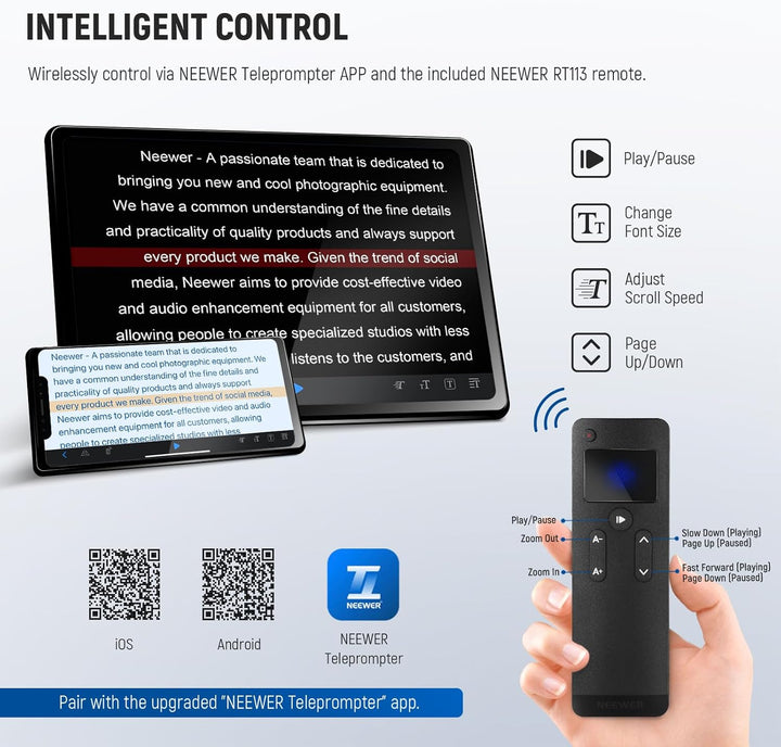 NEEWER Teleprompter X17 II mit RT113 Fernbedienung/APP Steuerung, 17" HD Beamsplitter Ganzmetallrahm