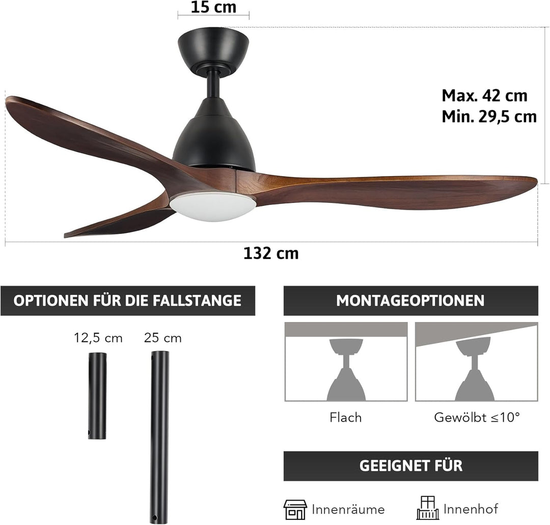 VONLUCE Deckenventilator mit Beleuchtung und Fernbedienung, 132 cm, 3 Flügel, leiser 6-stg. DC-Motor