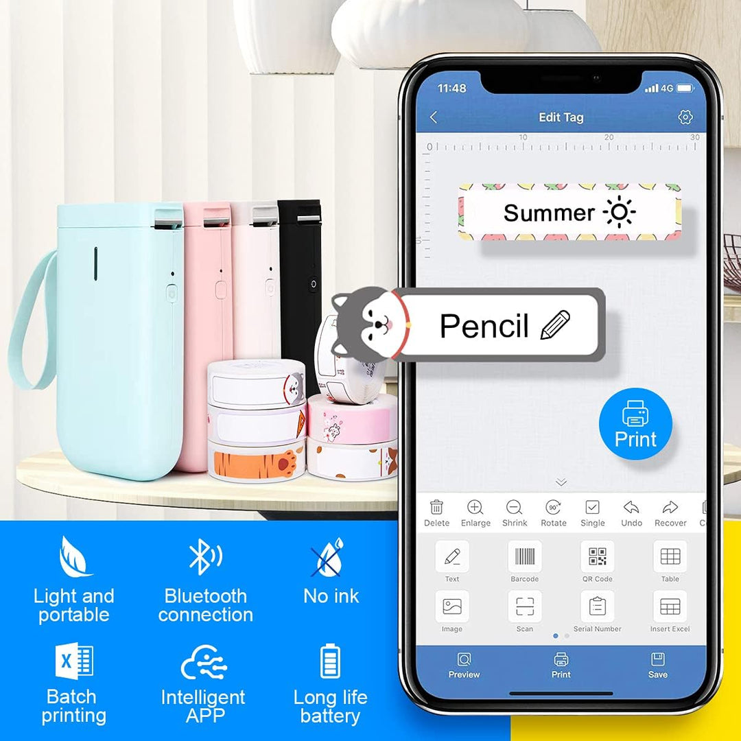 MokerLink Etikettendrucker mit Klebeband, kabelloser Bluetooth tragbarer Mini-Sticker-Handheld-Etike