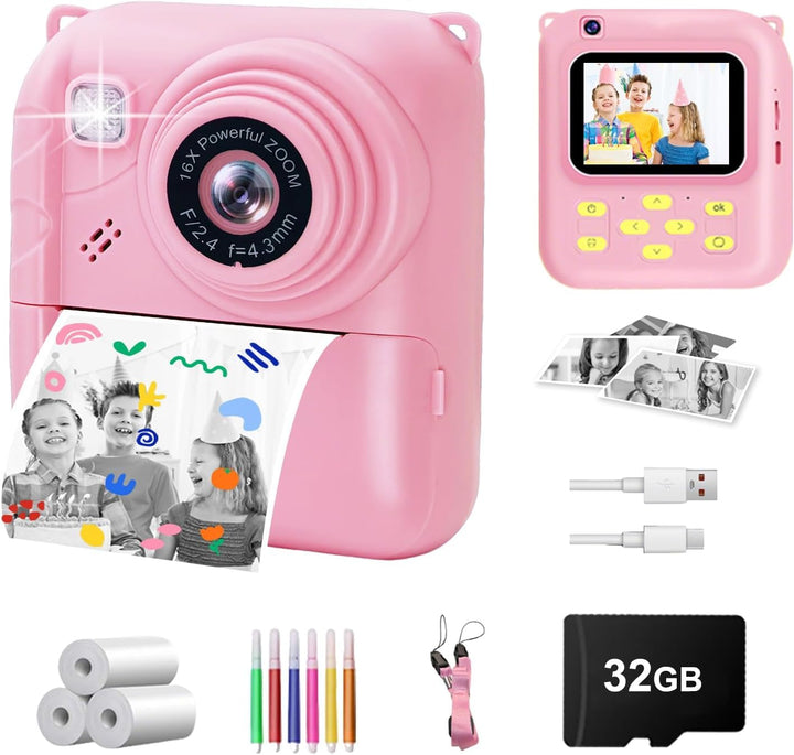 Kinder Sofortbildkamera 1080P, Digitalkamera für Kinder mit Sofortdruck, 32GB Speicherkarte & 3 Druc