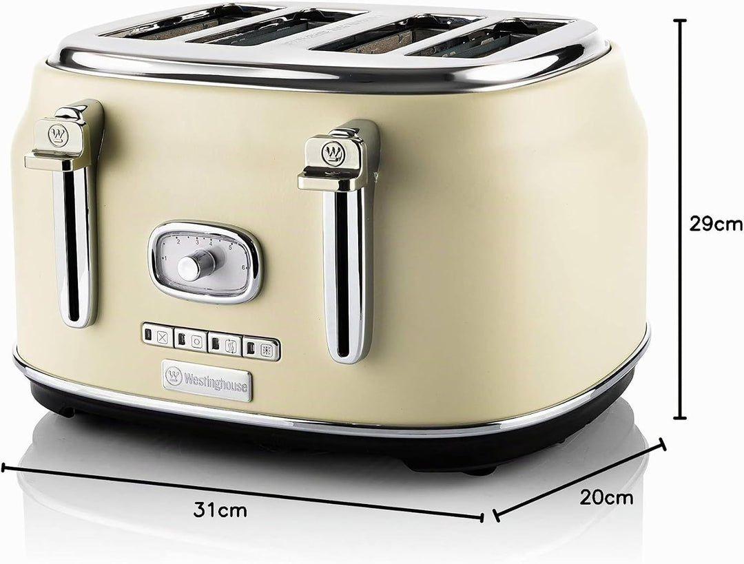 Westinghouse Retro Toaster 4 Scheiben, Abnehmbarer Brötchenaufsatz, 6 Bräunungsstufen, Brotzentrieru