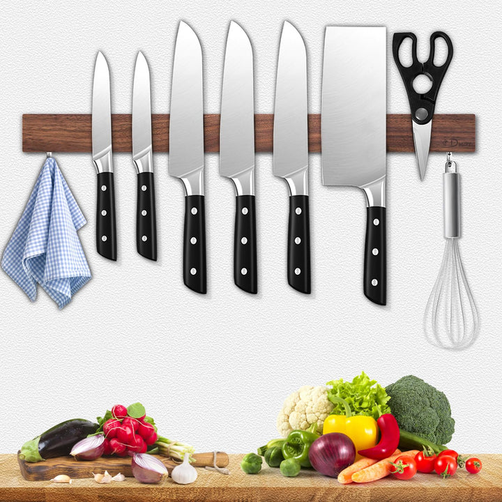 Dmore 50 cm Magnetleiste Messer mit 2 Haken, Messerhalter magnetisch ohne Bohren aus Walnuss, leistu