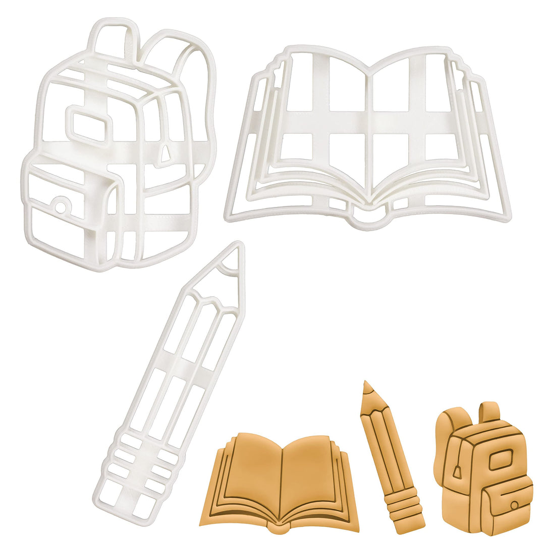 Satz von 3 Zurück Zur Schule Ausstechformen (Formen: Rucksack, Buch und Bleistift), 3 Teil