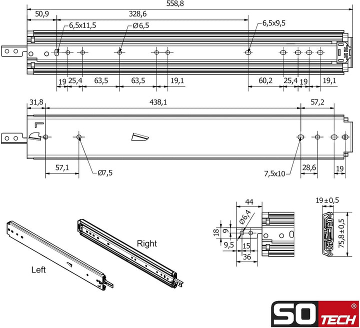 1 Paar SOTECH Schwerlastauszüge VarioSlide KV2-200-H76-L550-EH 558,8 mm mit Lock-in/out Einrastfunkt