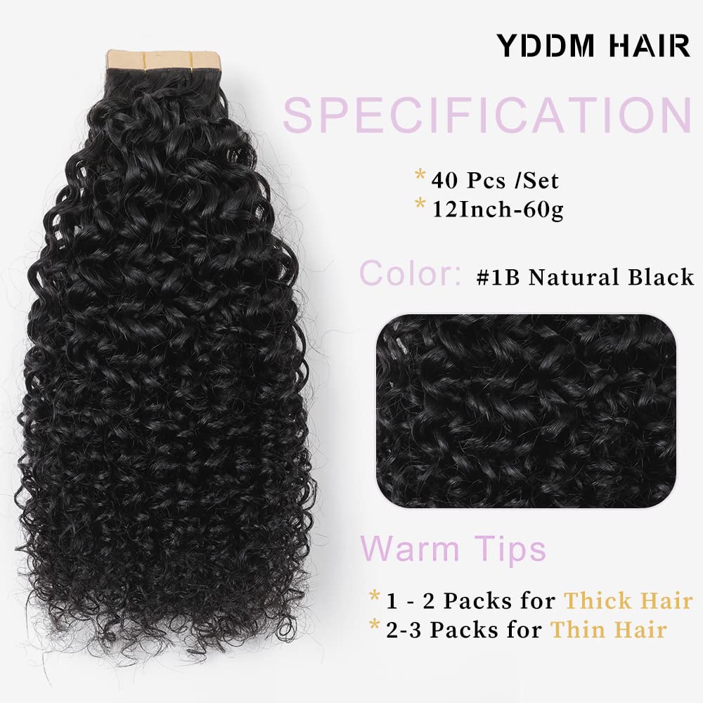 YDDM 12 Zoll Tape Extensions Echthaar 40 Stück 60g Schwarz Kinky Curly Tape In HaarverläNgerung Echt
