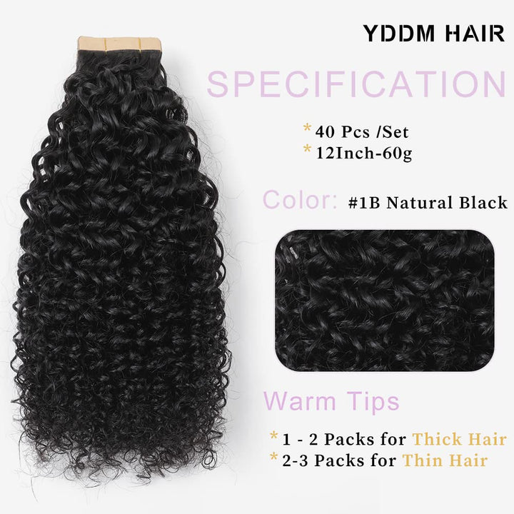 YDDM 12 Zoll Tape Extensions Echthaar 40 Stück 60g Schwarz Kinky Curly Tape In HaarverläNgerung Echt