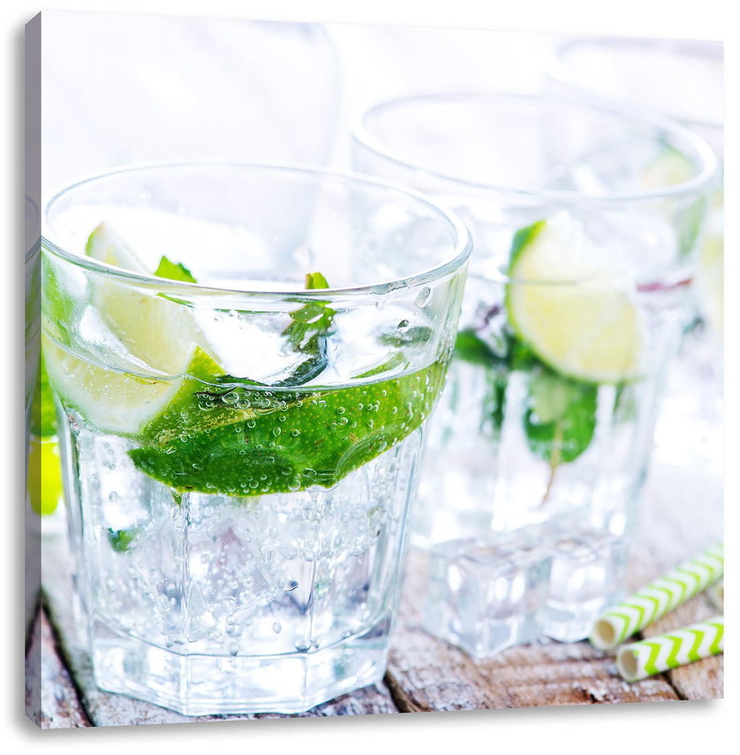 Mojito-Gläser mit Minze, Format: 70x70 auf Leinwand, XXL riesige Bilder fertig gerahmt mit Keilrahme