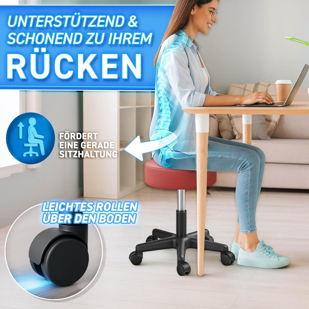 TRESKO® Rollhocker höhenverstellbar 10 cm Dicke Polsterung bis 150 kg | Hocker 47-60cm | Arbeitshock