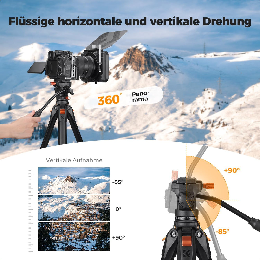 Kamera Stativ,K&F CONCEPT Videostativ mit Fluidkopf,187cm Stativ Kamera, Tripod für unterwegs, Kompa
