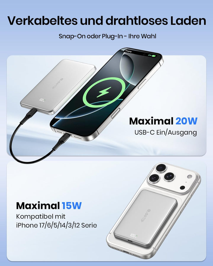 A ADDTOP Ultra Slim Magnetische Power Bank 5000mAh – 15 W Kabellose Powerbank mit USB C EIN/Ausgang