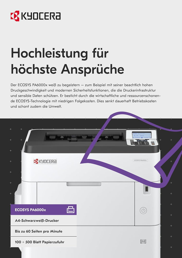Kyocera Klimaschutz-System Ecosys PA6000x Laserdrucker Schwarz Weiss, Duplex-Einheit, 60 Seiten pro