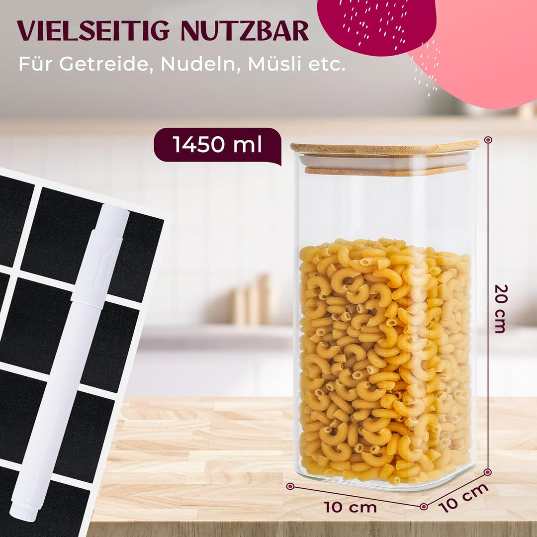 Vorratsgläser Set (6 x 1450 ml) Eckige Vorratsbehälter mit Holzdeckeln - 10x10x20 cm - Vorratsdosen