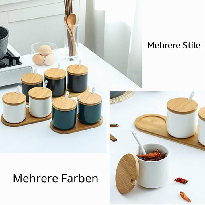 2er Set Keramik Gewürzdosen Salztopf - Höhe 10cm Keramik Zuckerdose Gewürzgläser mit Löffel und Deck