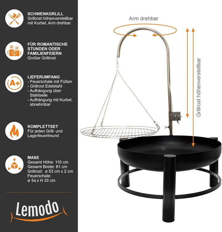 NATIV Lemodo Feuerschale mit Grillrost - Dreibein-Schwenkgrill - Dreifuss-Grill mit Kurbel zur Höhen