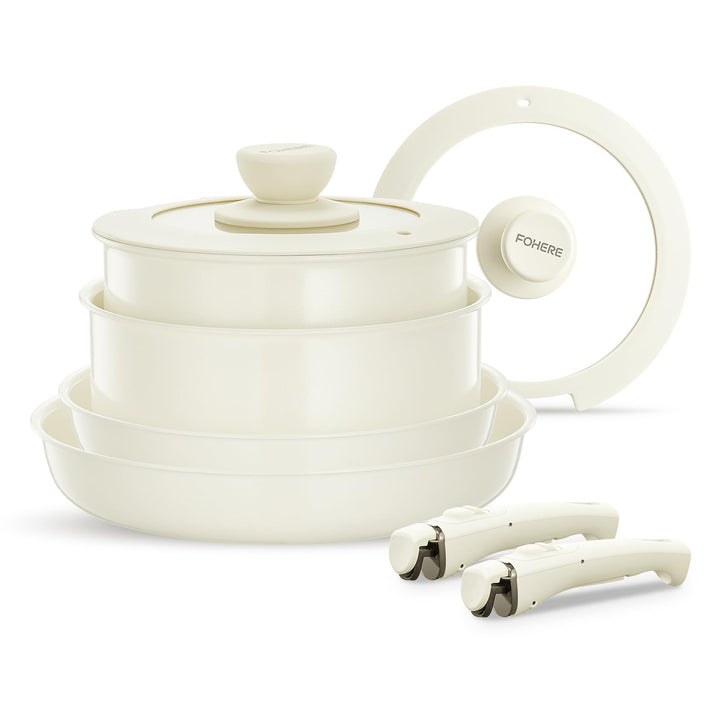FOHERE Topfset Pfannenset 8-Teilig mit 2 Abnehmbaren Griffen Und 2 Deckel, Pfanne 20/28CM, Topf 2.6/