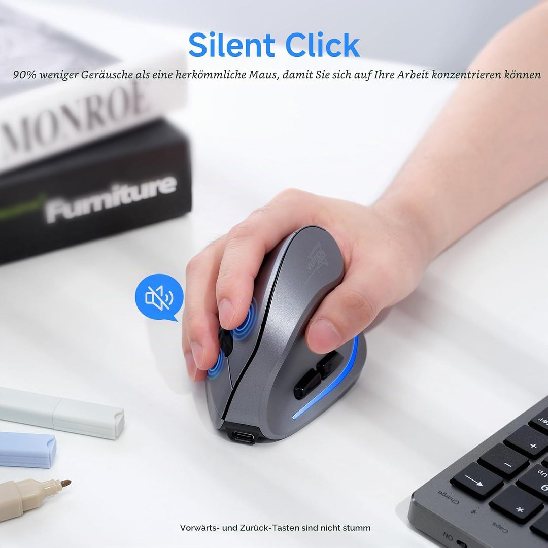 ECHTPower 2.4G Vertikale Ergonomische Maus Wireless, Wiederaufladbare kabellose Funkmaus Computermau