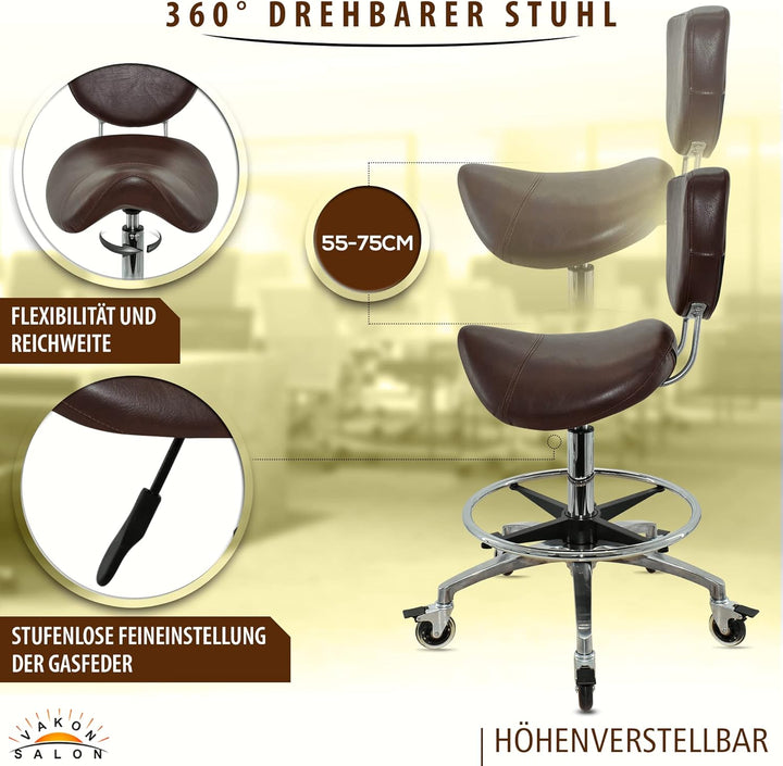 Premium Sattelhocker braun mit Bremse und Lehne, Sattelstuhl für Rückenentlastung, Rollhocker höhenv