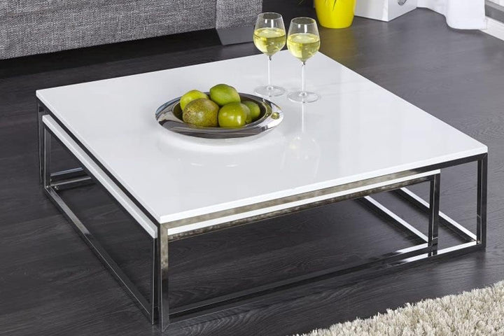 LEBENSwohnART 2er Set Design Couchtisch MENTO Weiss Hochglanz Chromgestell 75/65cm