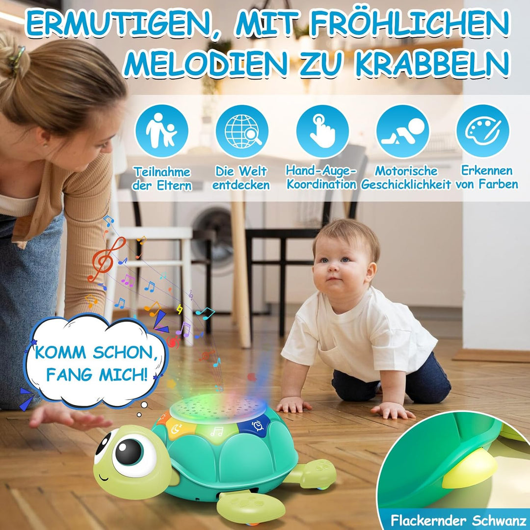 Baby Krabbel Spielzeug 6-18 Monate, Krabbel Schildkröte mit Musik und Sternprojektion, Pädagogisches