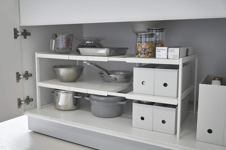 Yamazaki 4948 TOWER Ausziehbarer Organizer mit 2 Ebenen, weiss, Stahl, Minimalistisches Design