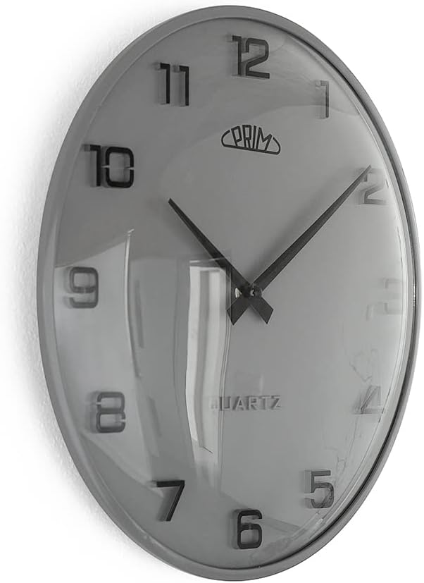 PRIM Design-Kunststoffuhr Bloom II – B, Moderne Wanduhr im Retro Style, Grau, gewölbtes Glas, luxuri