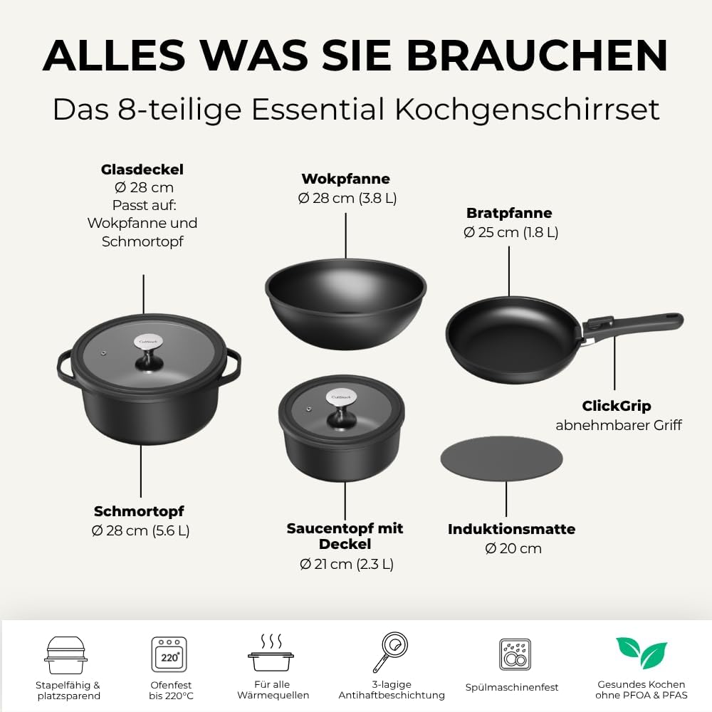 Essential Topf und Pfannenset 8-teilig Induktion, Abnehmbarer Griff, Stapelbar, Platzsparend, Backof