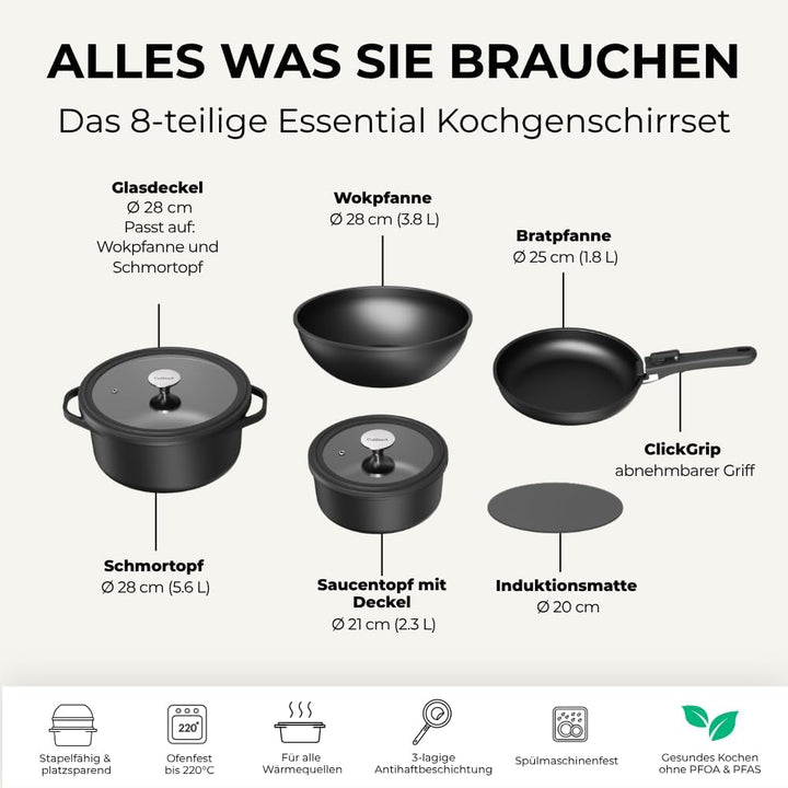 Essential Topf und Pfannenset 8-teilig Induktion, Abnehmbarer Griff, Stapelbar, Platzsparend, Backof