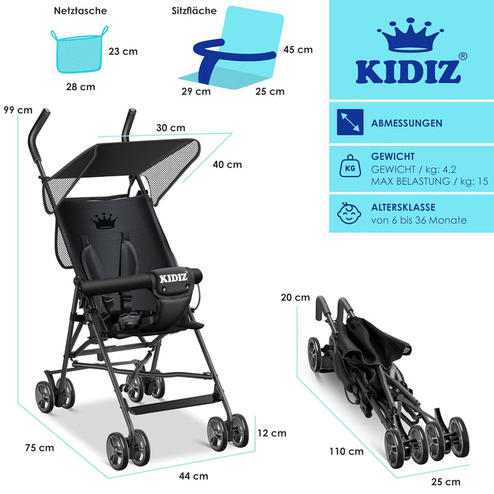 KIDIZ® Kinderwagen CITY Buggy Kinderbuggy klappbar Sportwagen Faltbar 360° 4-Zoll-Räder Inkl. Sonnen