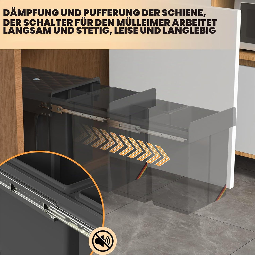 Huracan Mülleimer Küche Unterschrank Ausziehbar 40L, Mülleimer 3 Fächer, Mülltrennsystem Küche, Einb