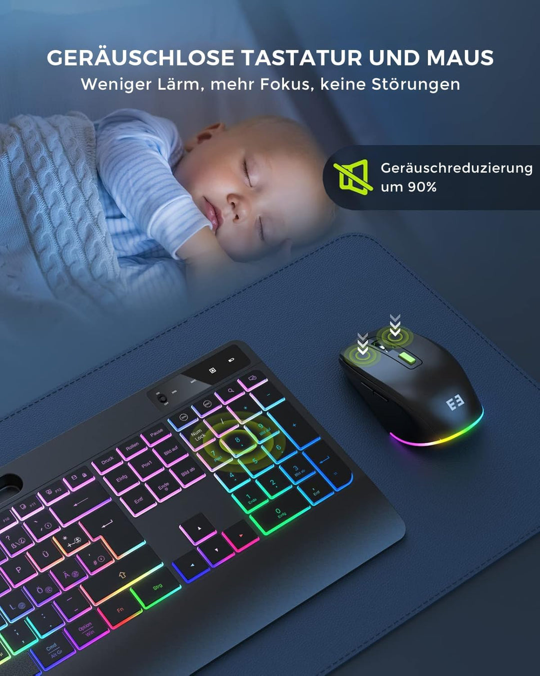 seenda JPX006 Tastatur Maus Set kabellos beleuchtet, wiederaufladbare USB &amp; Typ C Funktastatur mit M