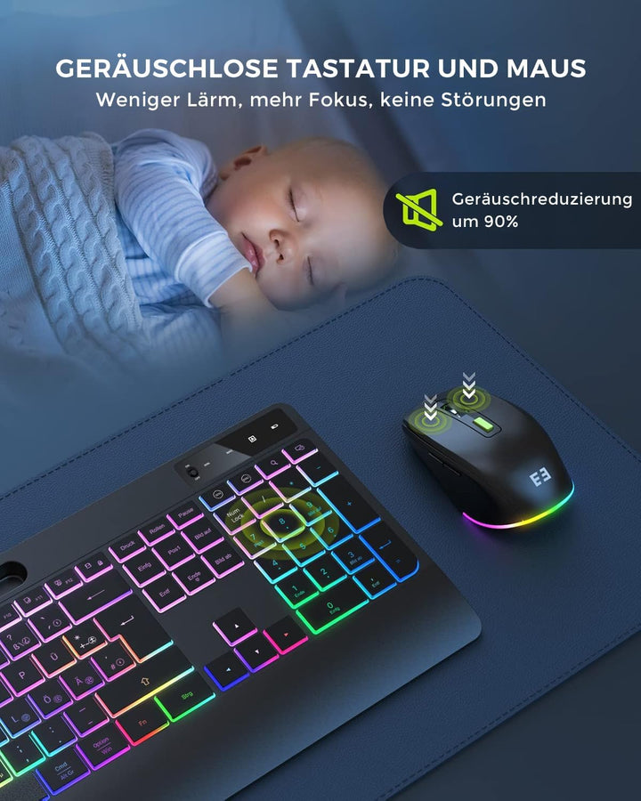 seenda JPX006 Tastatur Maus Set kabellos beleuchtet, wiederaufladbare USB &amp; Typ C Funktastatur mit M