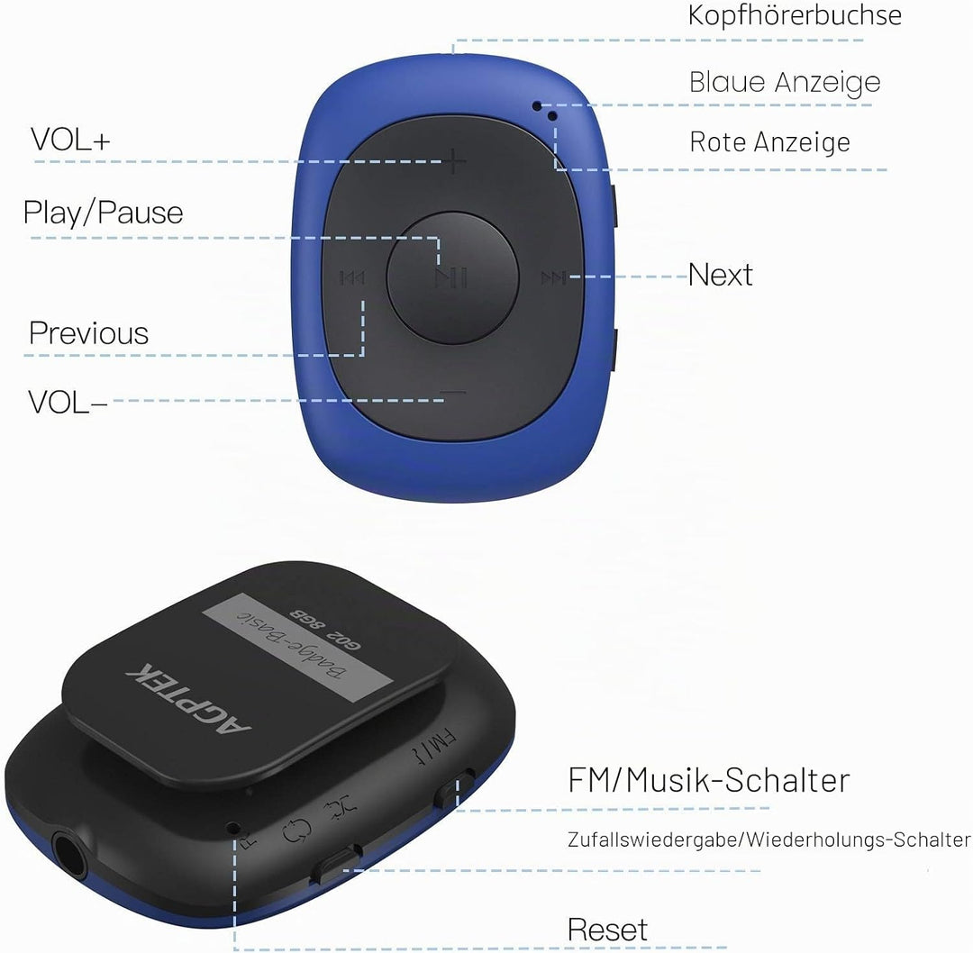 AGPTEK Mini Clip 8GB MP3 Player mit Bügel-Kopfhörer und Silikon Hülle, Leichter Sport Musik Player m