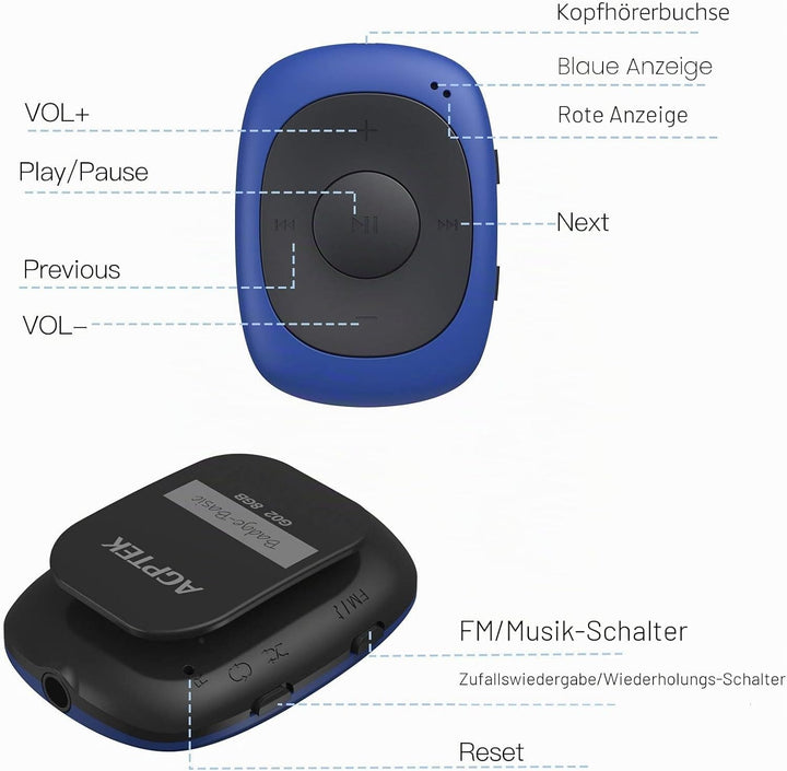 AGPTEK Mini Clip 8GB MP3 Player mit Bügel-Kopfhörer und Silikon Hülle, Leichter Sport Musik Player m