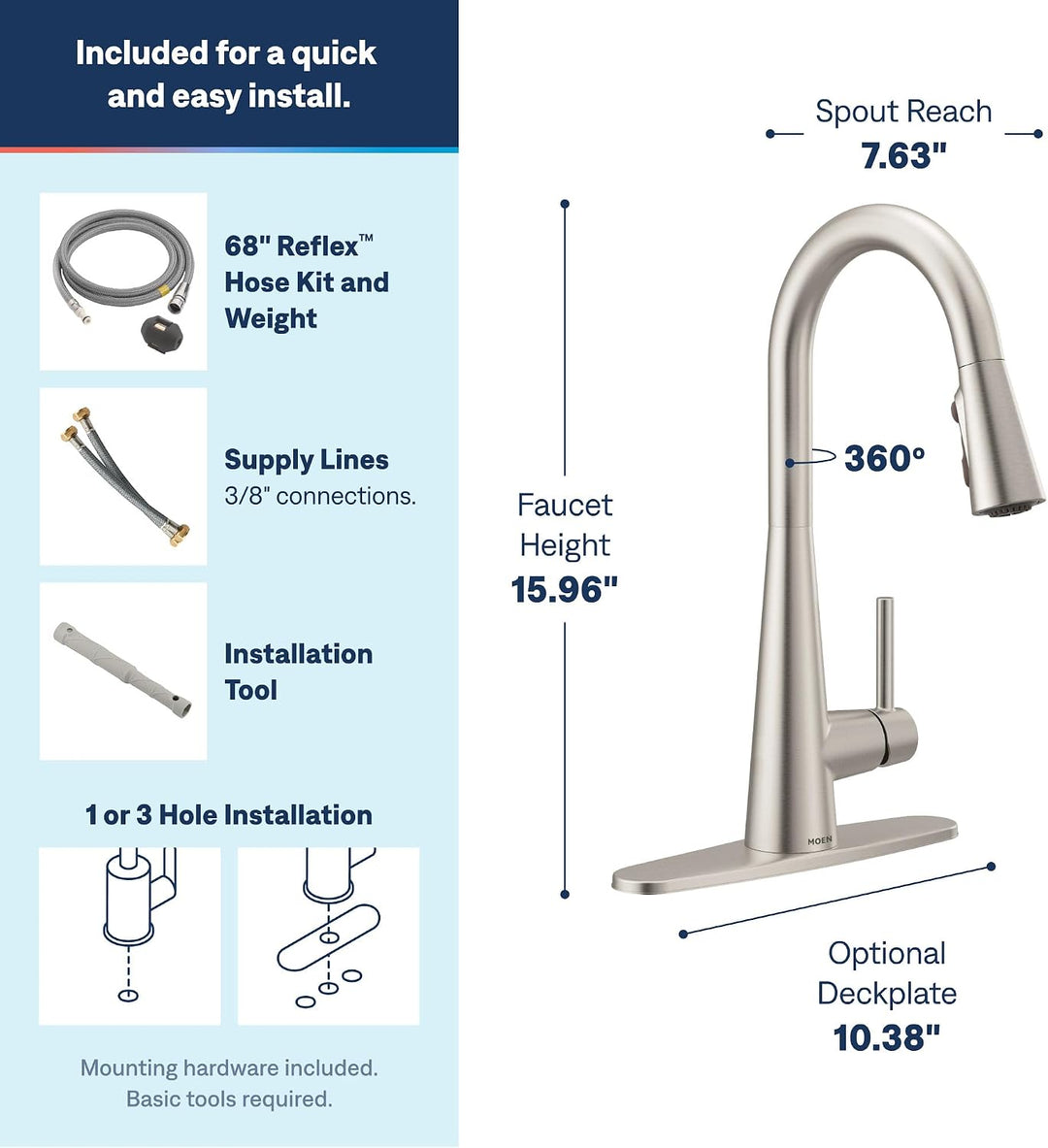 Moen Sleek 7864SRS Küchenspüle mit einem Griff, hoher Lichtbogen, ausziehbarer Wasserhahn mit Power-