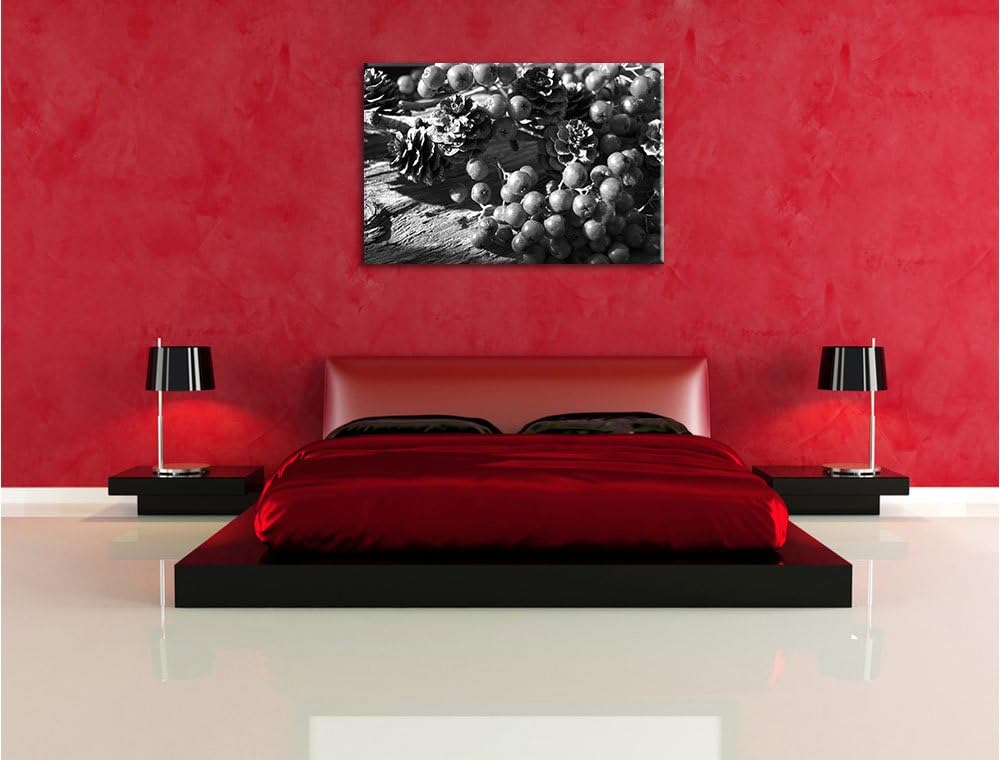 Pixxprint Vogelbeeren und Tannenzapfen Kunst B&W, Format: 100x70 auf Leinwand, 100x70