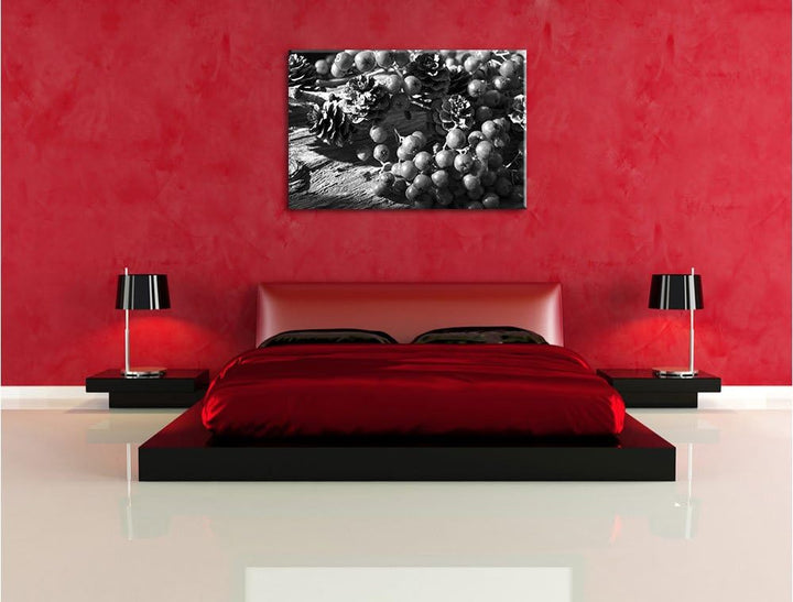 Pixxprint Vogelbeeren und Tannenzapfen Kunst B&W, Format: 100x70 auf Leinwand, 100x70