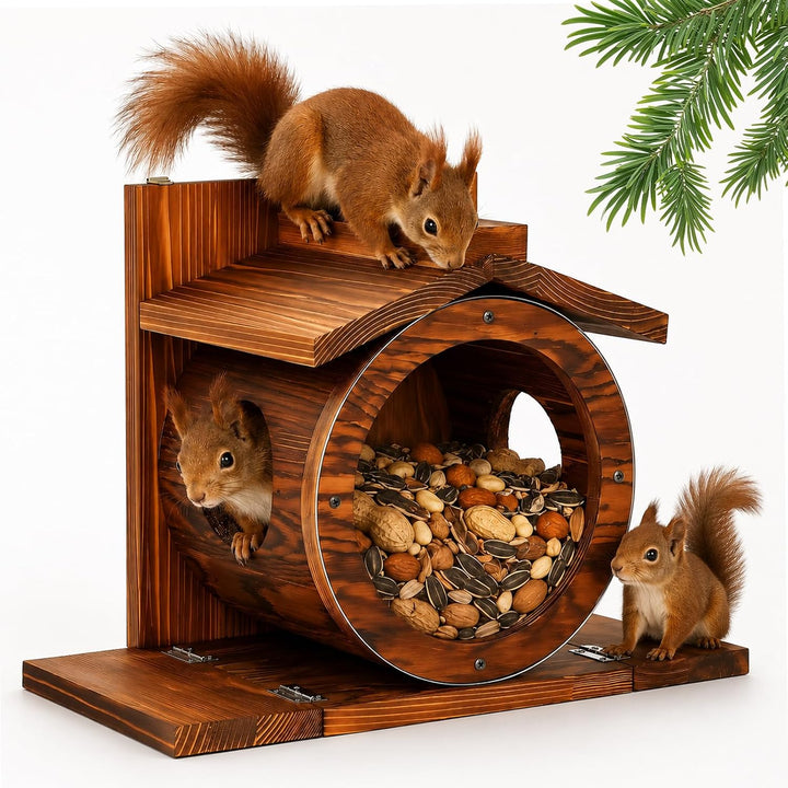 Eichhörnchen Futterstation aus Holz Wandmontage mit grossem Sichtfenster, 7 cm Einstiegsloch, stabil