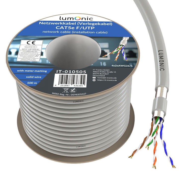 Lumonic LAN Netzwerkkabel 100m | LAN Kabel CAT5e F/UTP | Verlegekabel 4X 2X AWG26/1 (starr) | 100MHz