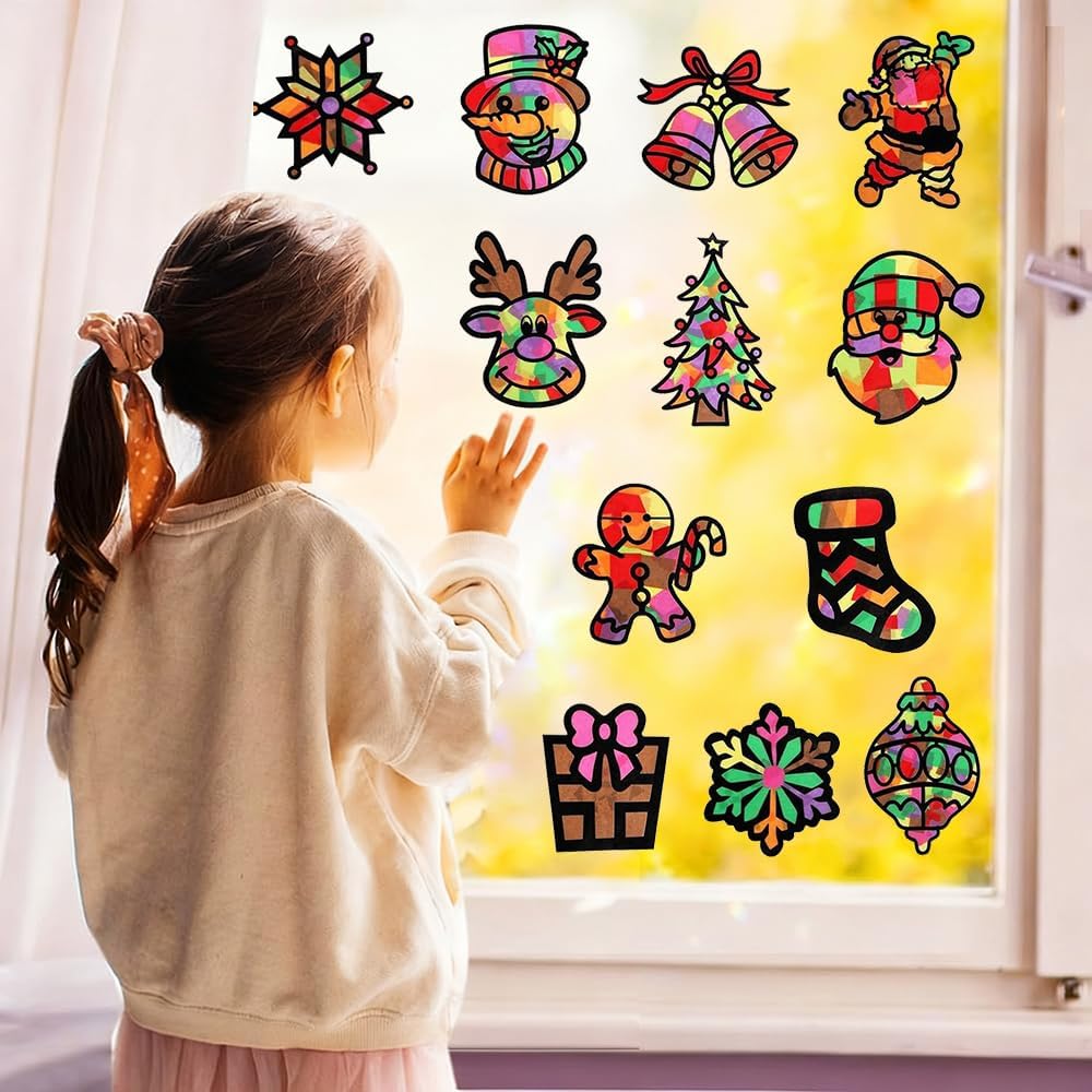 TUIBEIDAMAI Weihnachten Basteln Kinder, 24 Stück Fensterbilder, Sonnenfänger Bastelset, Bastelvorlag