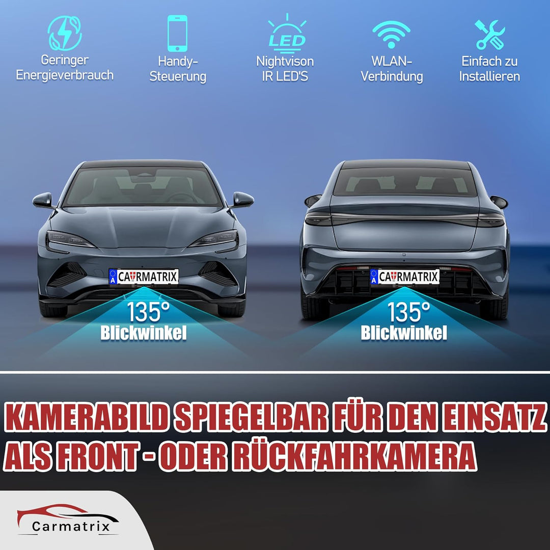 Solar Rückfahrkamera im Kennzeichenhalter für EU &amp; Österreich mit WLAN Funk | Rückfahrsystem mit App