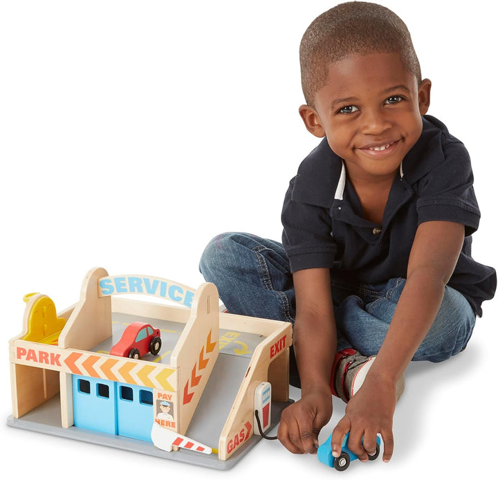 Melissa & Doug Service Station Parking Garage , Wooden Vehicle , Pretend Play , 3+ , Gift for Boy or