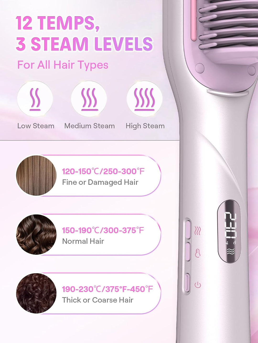 SHEGLAM Dampf-Glättbürste, 3-in-1 Dampf-Heizkamm | Verbrühungssicherer Nano-Dampf, 3 Einstellbare Da
