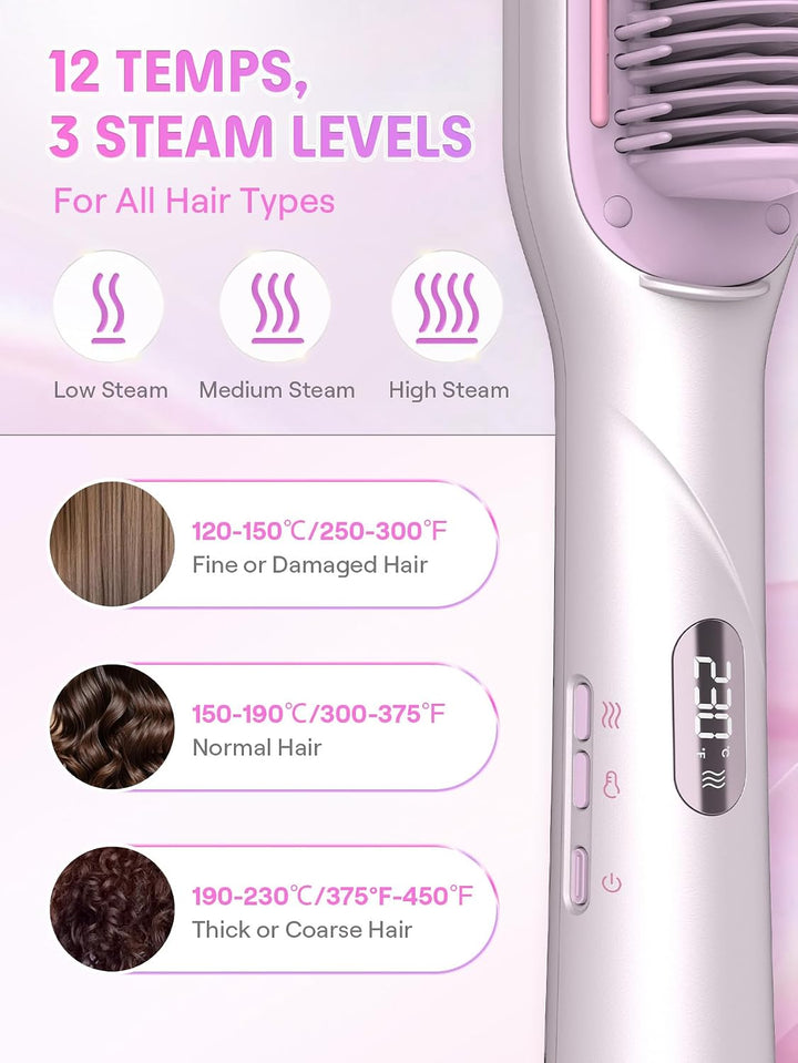 SHEGLAM Dampf-Glättbürste, 3-in-1 Dampf-Heizkamm | Verbrühungssicherer Nano-Dampf, 3 Einstellbare Da