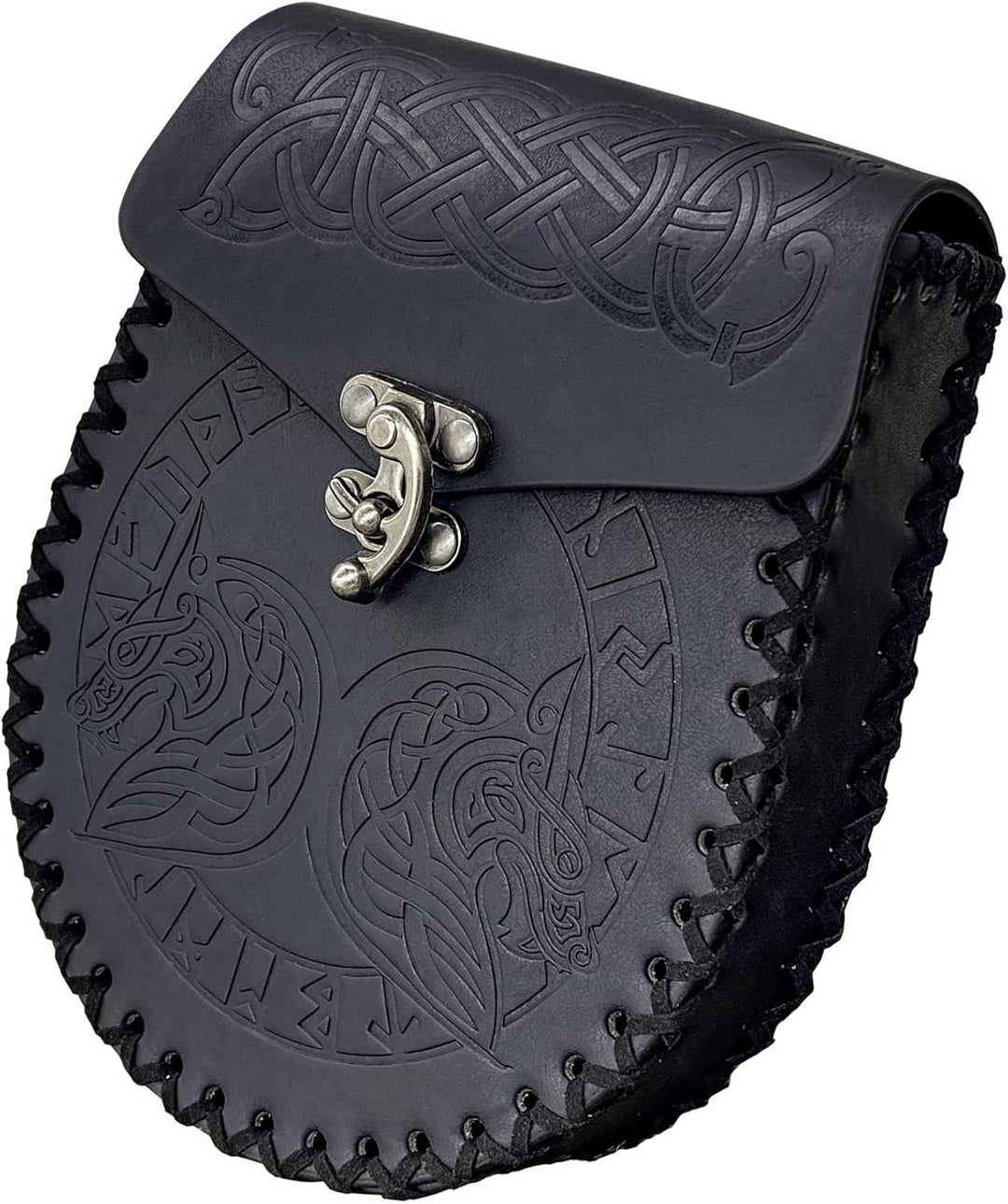 Nordische geprägte Gürteltasche, mittelalterliche Kunstledertasche, Schwarze Wikinger-Renaissance-Mü
