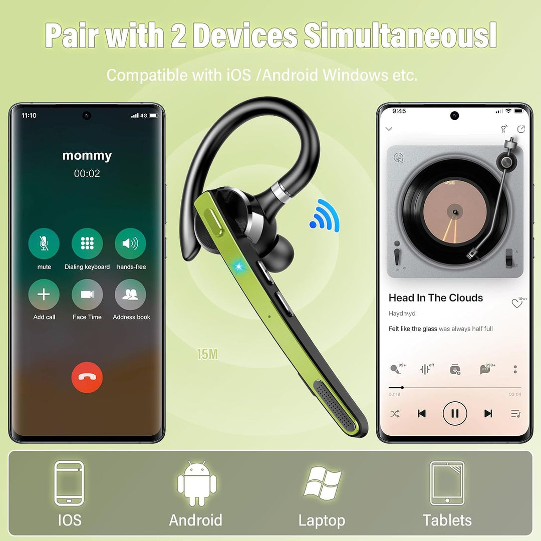 Bluetooth Headset V5.3, Wireless Freisprech Telefon mit CVC 8.0/ENC Dual Mic, APTX, Mute Zwei-Geräte