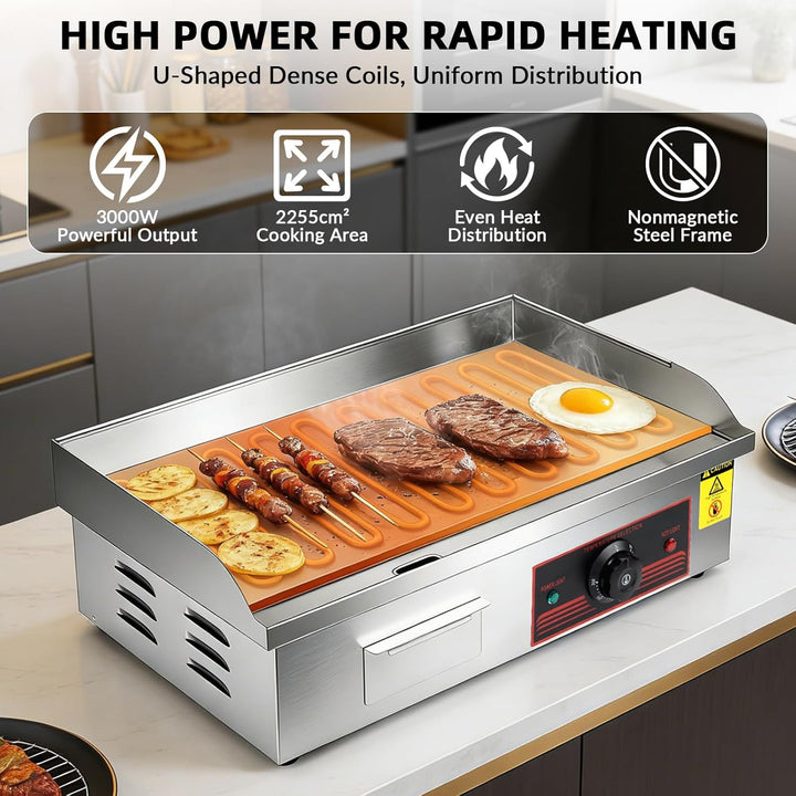 Grillplatte Elektrisch 3000W, Kommerzielle Elektrische Grillplatte Edelstahl Grillfläche Flach 55x41