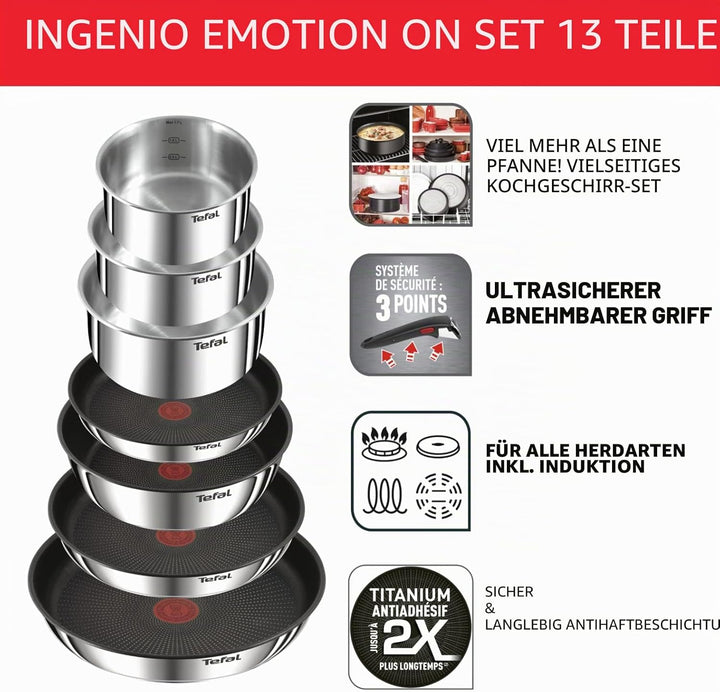 Tefal Ingenio Emotion Kochgeschirr, 13-teilig, Edelstahl, stapelbar, Antihaftbeschichtung, Induktion
